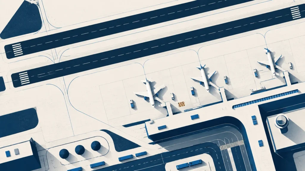 Vue de dessus stylisee d un aeroport : deux pistes paralleles, un terminal et des postes de stationnement