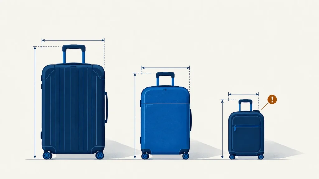 Trois valises de tailles decroissantes, chacune entouree d un gabarit de mesure