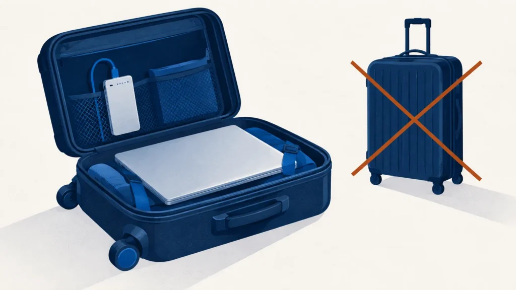 Batterie externe et ordinateur dans un bagage cabine ouvert, valise de soute ecartee