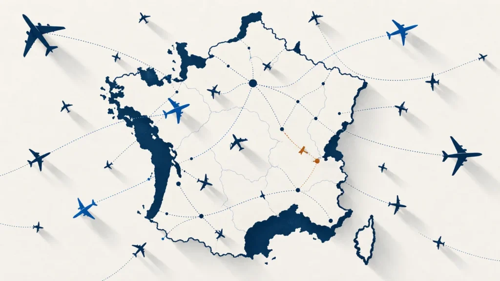 Carte simplifiee de la France parsemee de silhouettes d avions orientees differemment