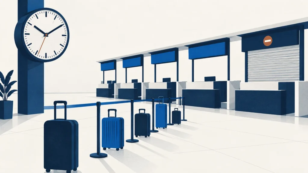 Horloge d aeroport au-dessus d une zone d enregistrement, file de bagages et comptoir ferme