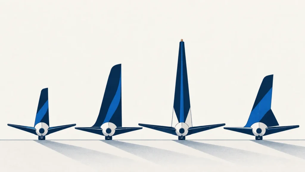 Quatre derives d avion sans logo alignees, de hauteurs et de formes differentes