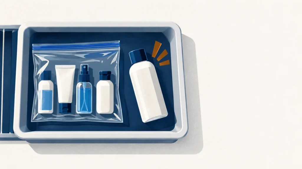 Bac de controle vu de dessus avec un sac transparent d un litre et quatre flacons de 100 ml, un flacon de 200 ml ecarte a cote