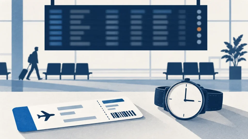 Tableau d affichage d aeroport flou, carte d embarquement et montre marquant trois heures de retard