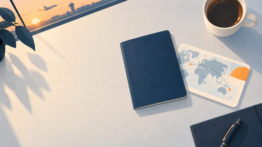un plan de travail avec un passeport ferme, une carte et une tasse, vue du dessus
